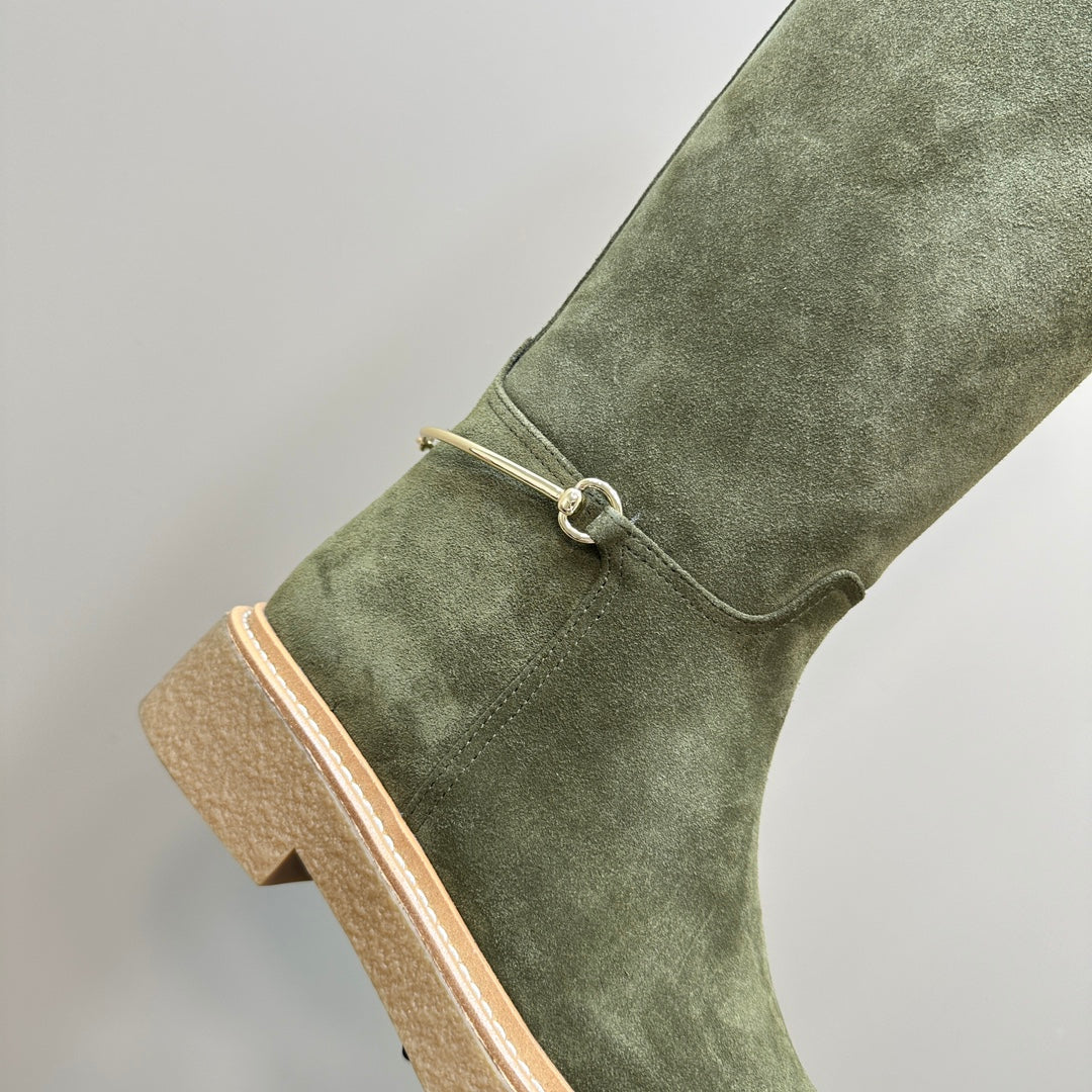 GUCCI SLIM HORSEBIT KNEE BOOTS WITH WEB IN KHAKI GREEN SUEDE