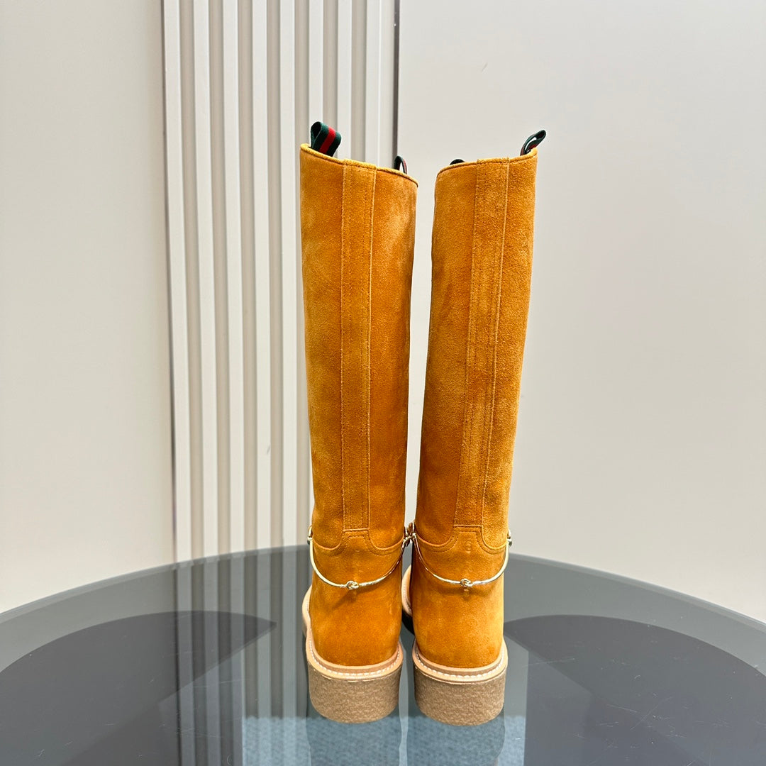 GUCCI SLIM HORSEBIT KNEE BOOTS WITH WEB IN HONEY ORANGE SUEDE