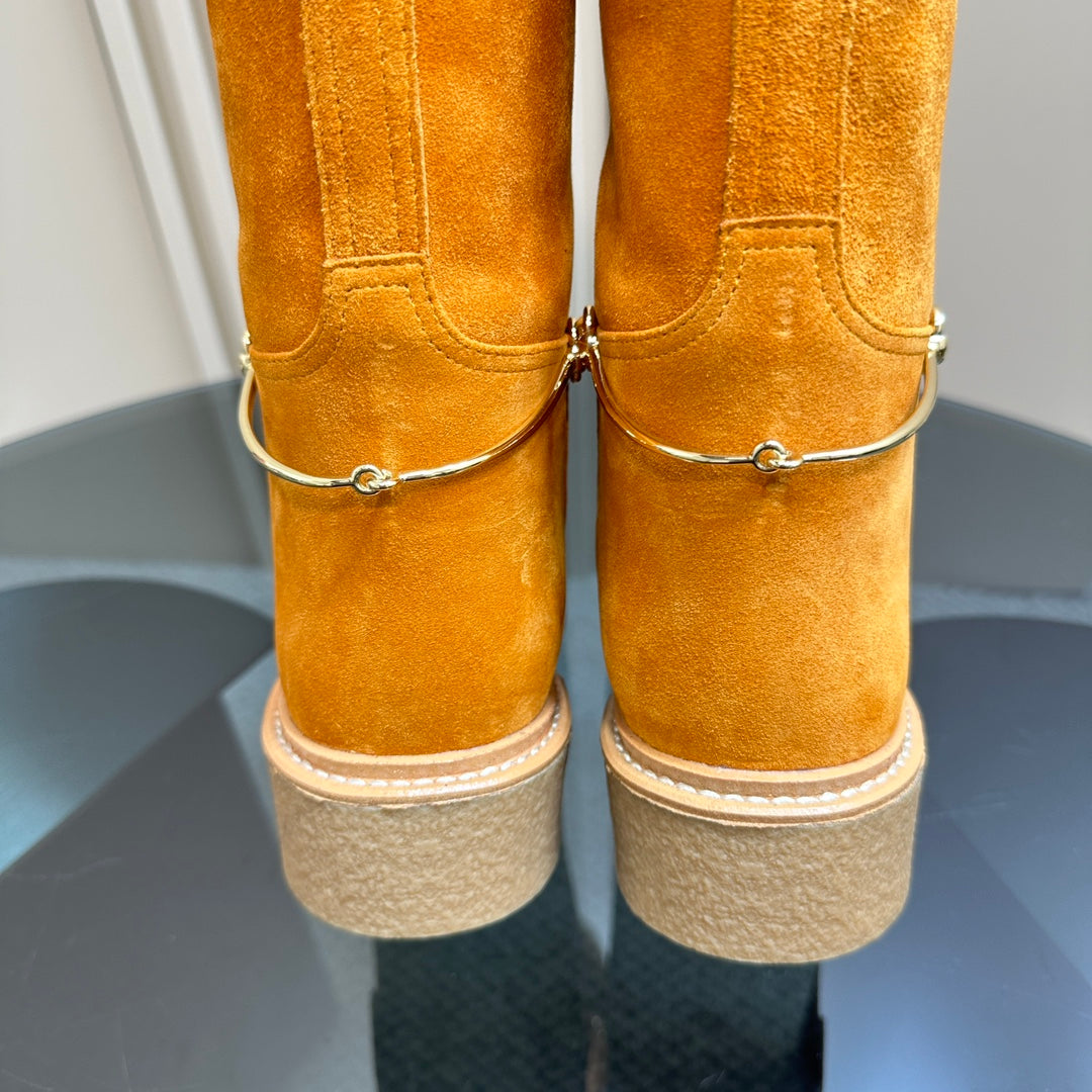GUCCI SLIM HORSEBIT KNEE BOOTS WITH WEB IN HONEY ORANGE SUEDE