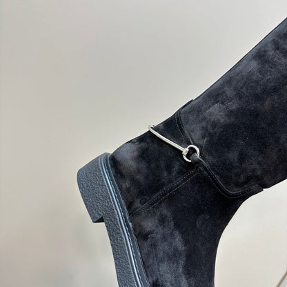GUCCI SLIM HORSEBIT KNEE BOOTS WITH WEB IN BLACK SUEDE