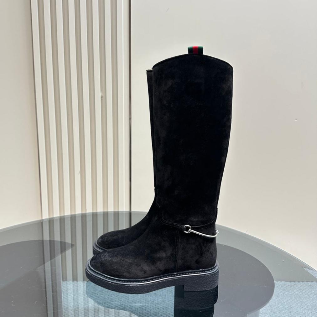 GUCCI SLIM HORSEBIT KNEE BOOTS WITH WEB IN BLACK SUEDE