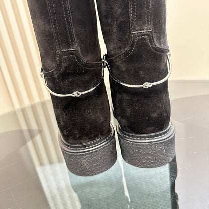GUCCI SLIM HORSEBIT KNEE BOOTS WITH WEB IN BLACK SUEDE