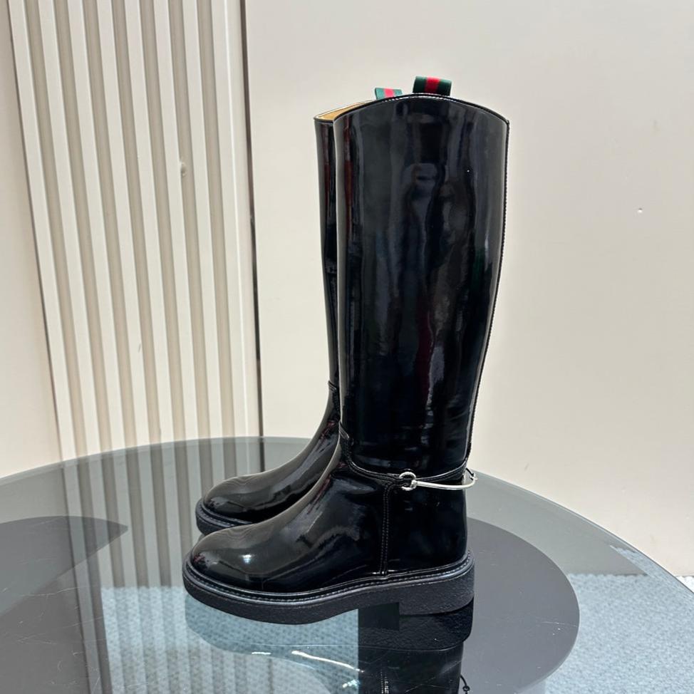 GUCCI SLIM HORSEBIT KNEE BOOTS WITH WEB IN BLACK GLOSSY CALFSKIN