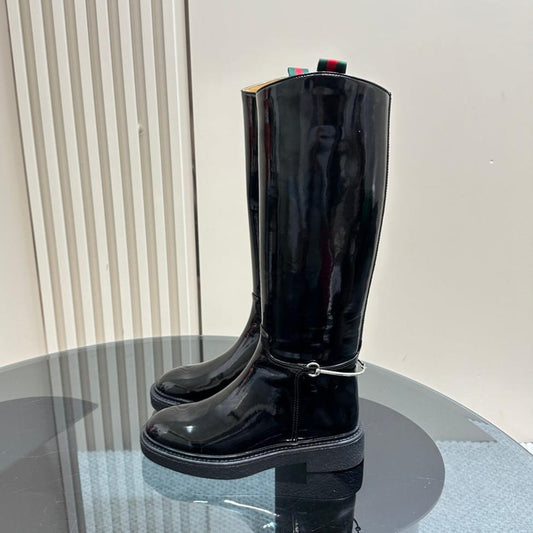GUCCI SLIM HORSEBIT KNEE BOOTS WITH WEB IN BLACK GLOSSY CALFSKIN