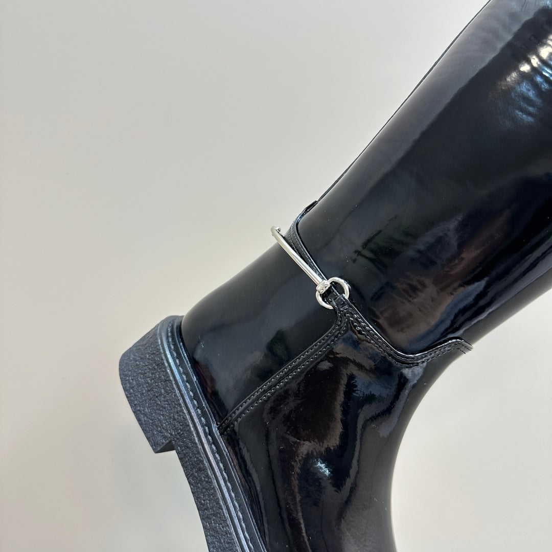 GUCCI SLIM HORSEBIT KNEE BOOTS WITH WEB IN BLACK GLOSSY CALFSKIN