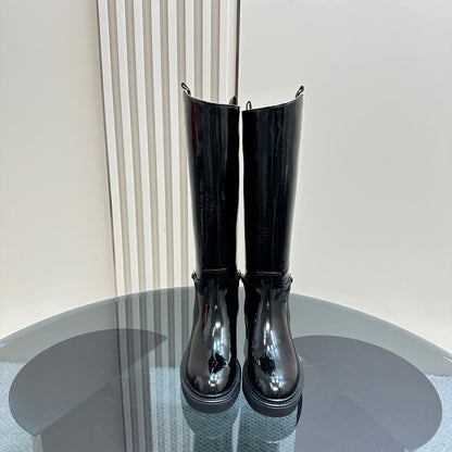 GUCCI SLIM HORSEBIT KNEE BOOTS WITH WEB IN BLACK GLOSSY CALFSKIN