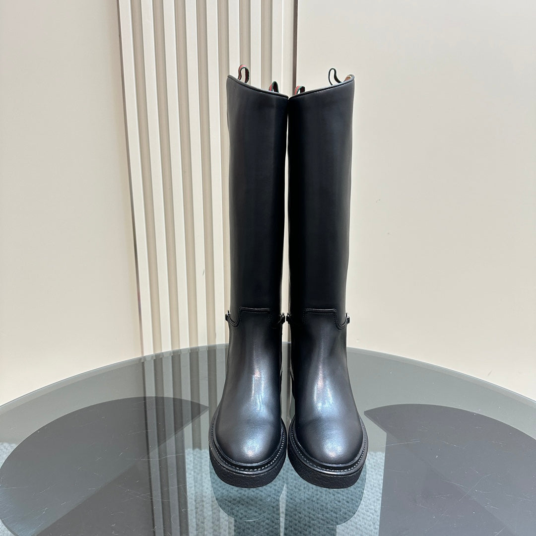 GUCCI SLIM HORSEBIT KNEE BOOTS WITH WEB IN BLACK CALFSKIN