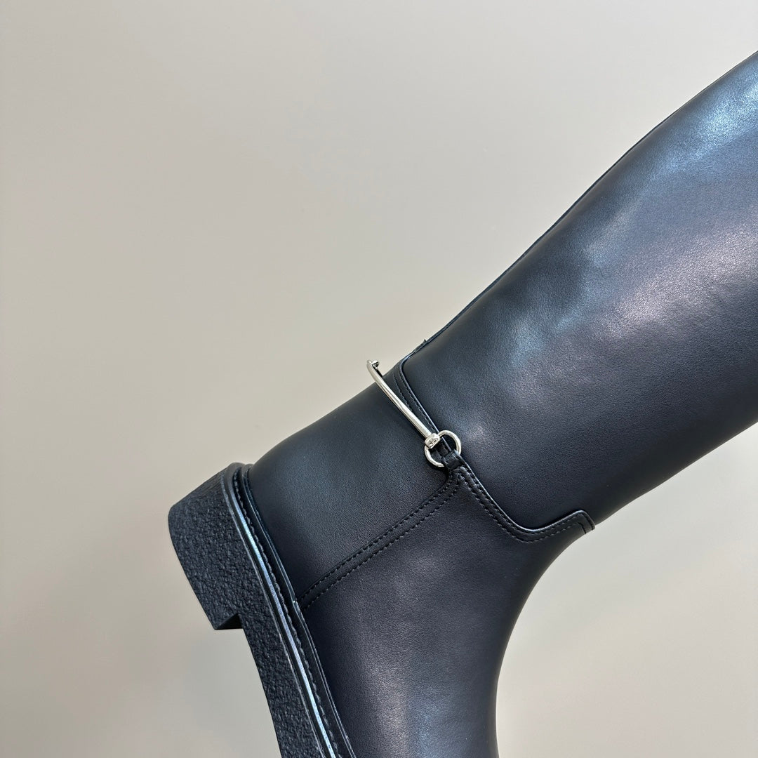 GUCCI SLIM HORSEBIT KNEE BOOTS WITH WEB IN BLACK CALFSKIN