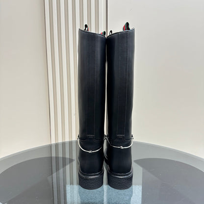 GUCCI SLIM HORSEBIT KNEE BOOTS WITH WEB IN BLACK CALFSKIN