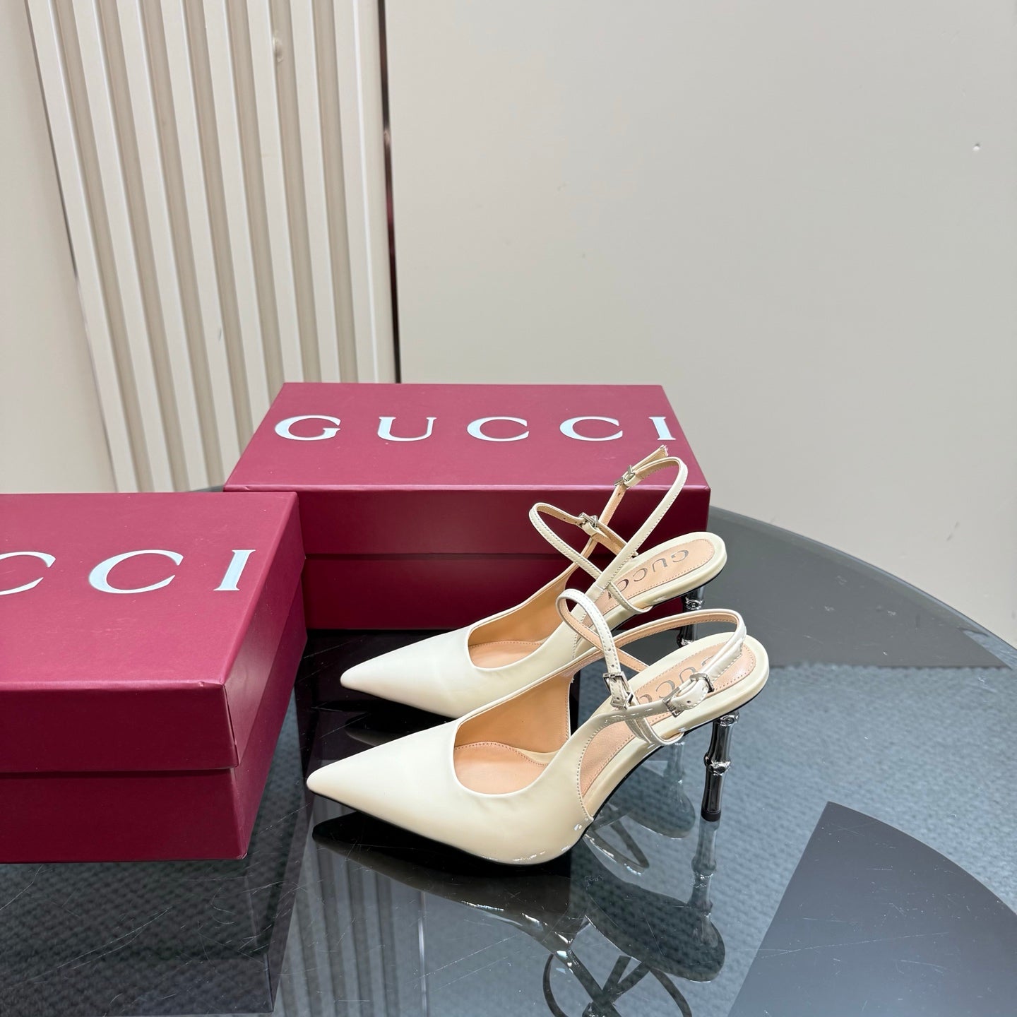 GUCCI POINTED-TOE HIGH BAMBOO-EFFECT HEEL SLINGBACK IN CREAM PATENT CALFSKIN
