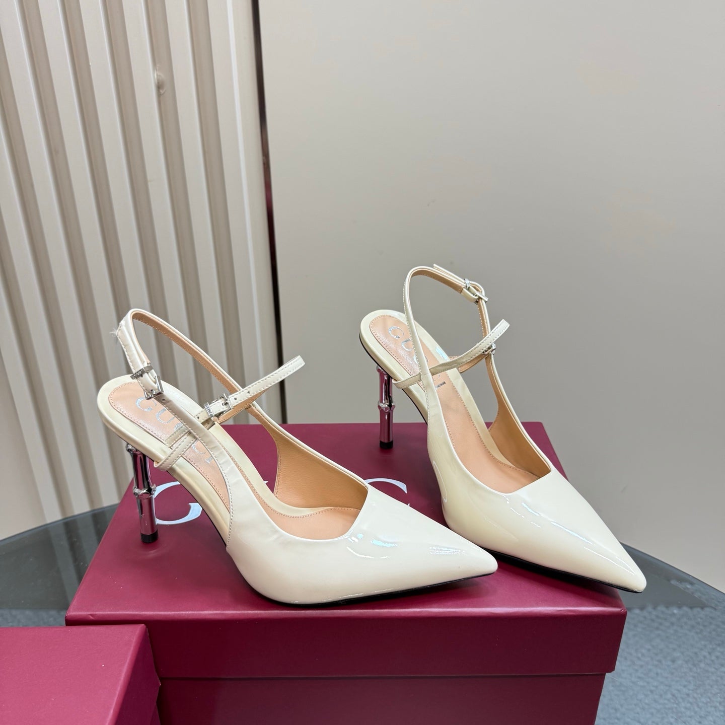 GUCCI POINTED-TOE HIGH BAMBOO-EFFECT HEEL SLINGBACK IN CREAM PATENT CALFSKIN