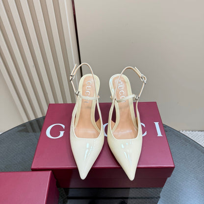 GUCCI POINTED-TOE HIGH BAMBOO-EFFECT HEEL SLINGBACK IN CREAM PATENT CALFSKIN