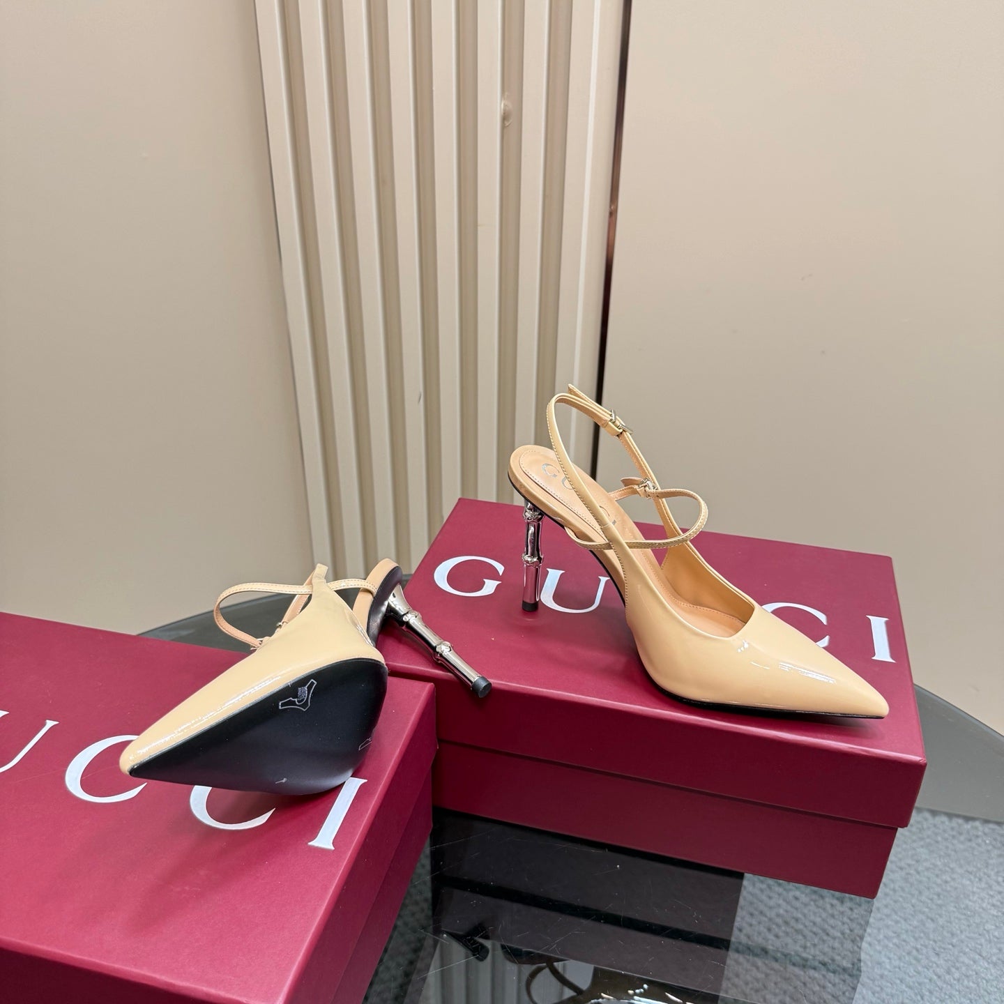 GUCCI POINTED-TOE HIGH BAMBOO-EFFECT HEEL SLINGBACK IN BEIGE PATENT CALFSKIN