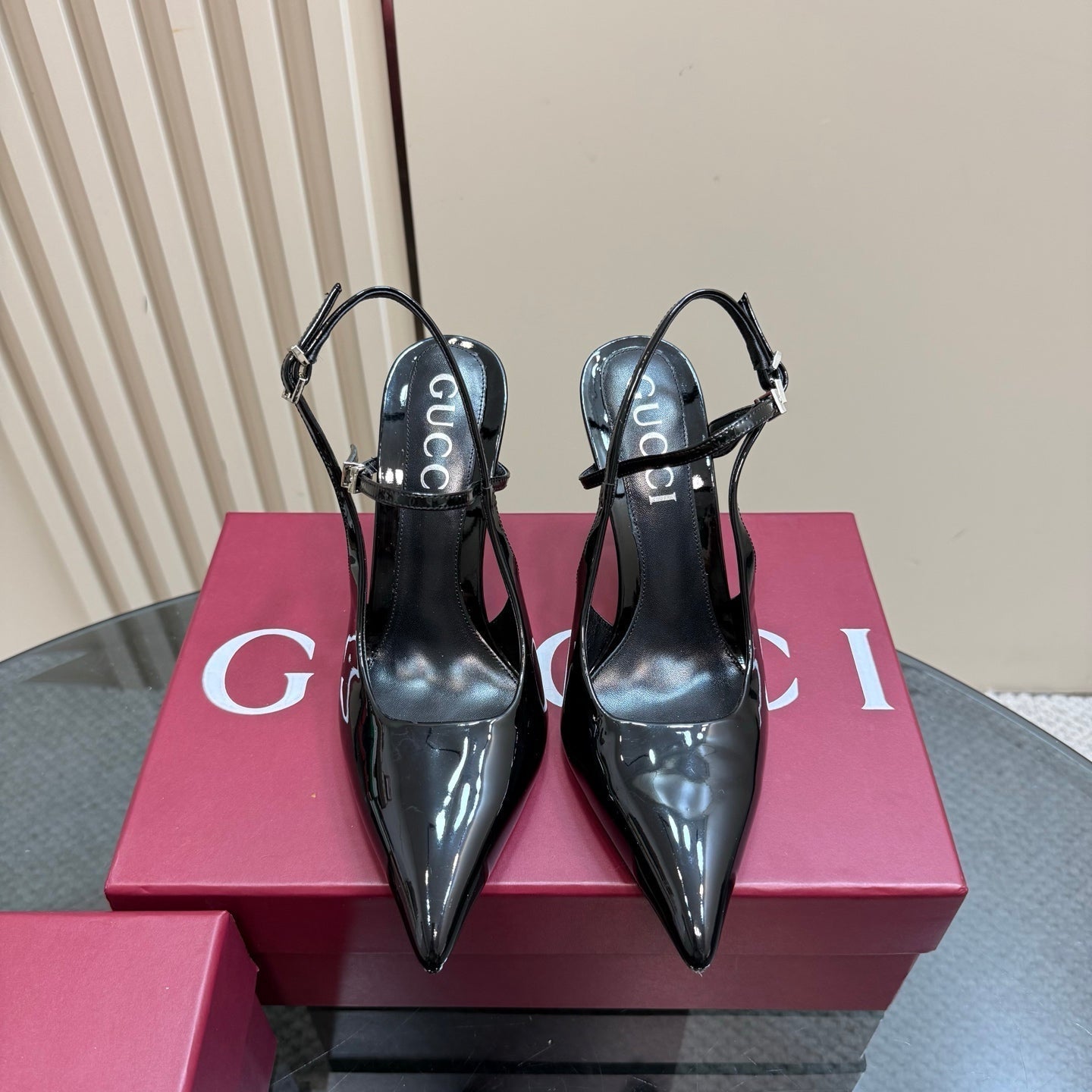 GUCCI POINTED-TOE HIGH BAMBOO-EFFECT HEEL SLINGBACK IN BLACK PATENT CALFSKIN