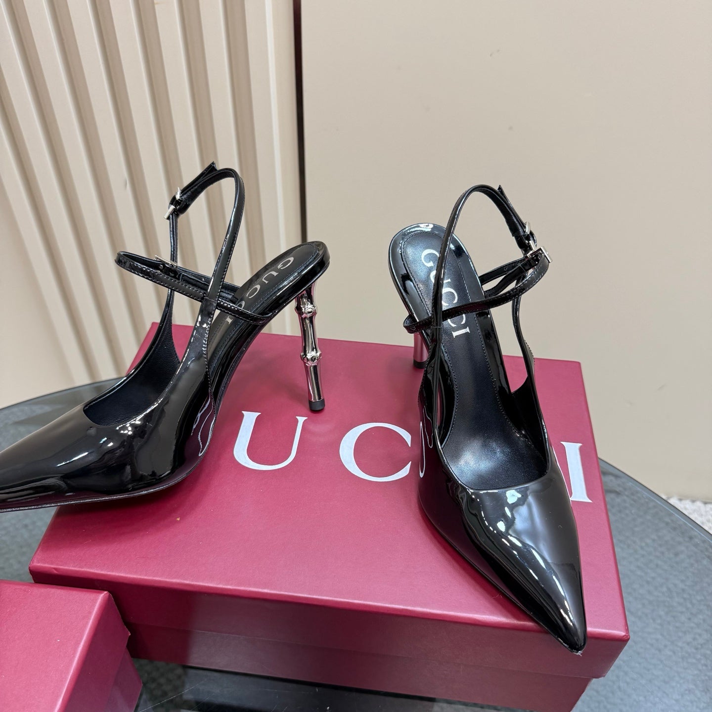 GUCCI POINTED-TOE HIGH BAMBOO-EFFECT HEEL SLINGBACK IN BLACK PATENT CALFSKIN