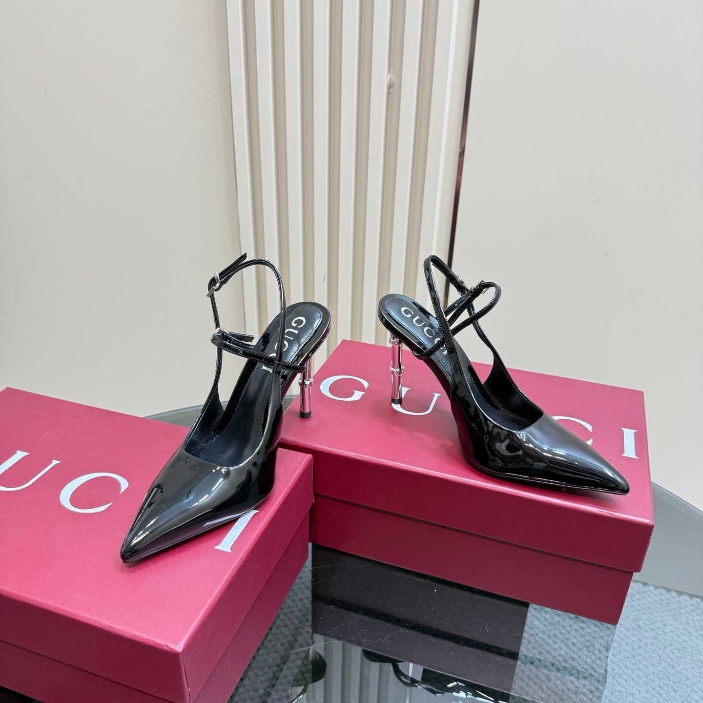 GUCCI POINTED-TOE HIGH BAMBOO-EFFECT HEEL SLINGBACK IN BLACK PATENT CALFSKIN