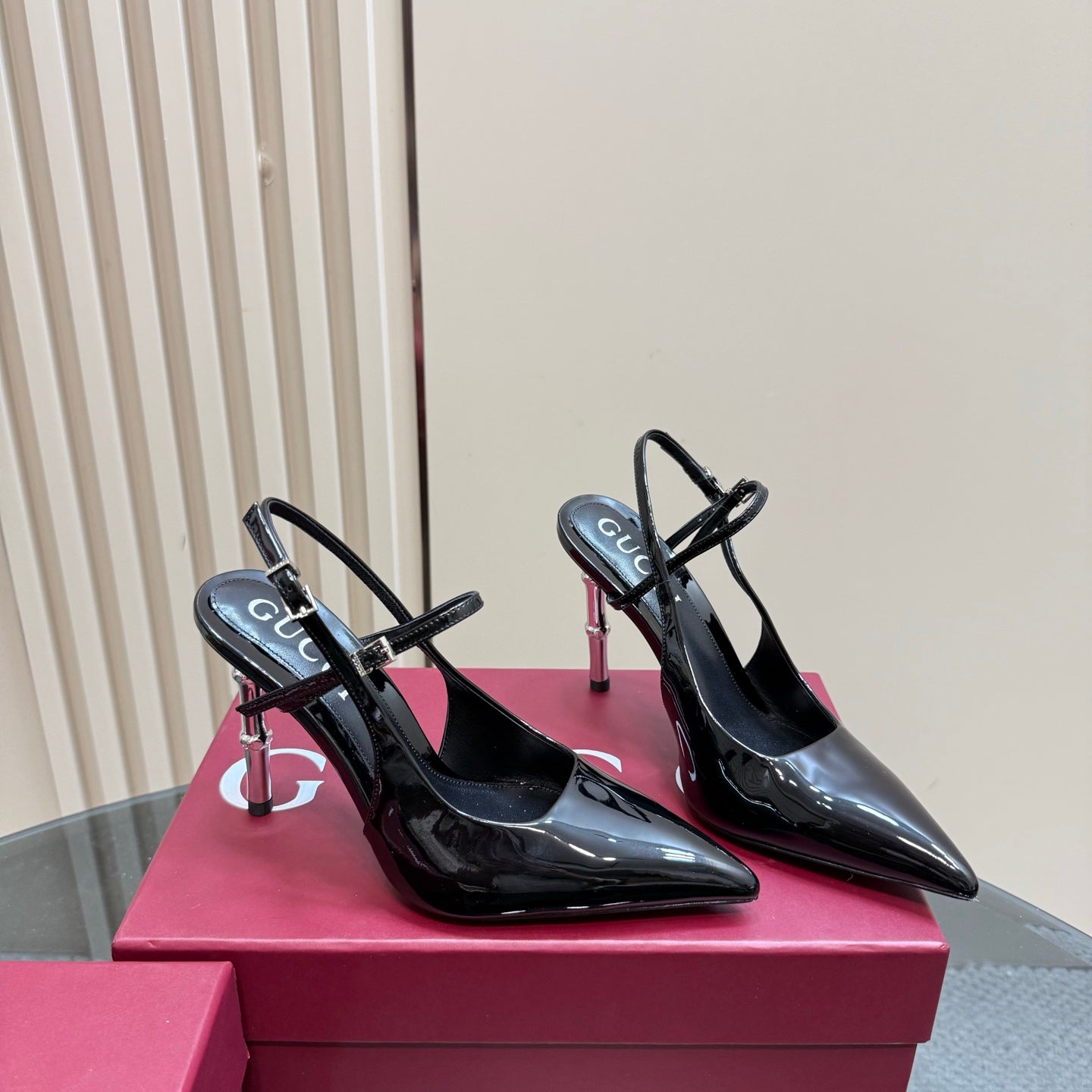 GUCCI POINTED-TOE HIGH BAMBOO-EFFECT HEEL SLINGBACK IN BLACK PATENT CALFSKIN