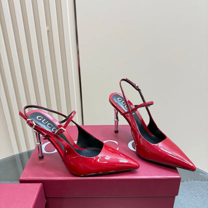 GUCCI POINTED-TOE HIGH BAMBOO-EFFECT HEEL SLINGBACK IN RED PATENT CALFSKIN