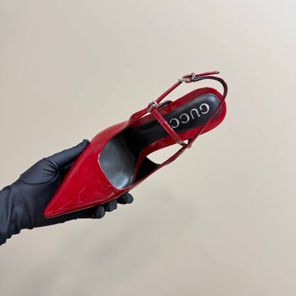 GUCCI POINTED-TOE HIGH BAMBOO-EFFECT HEEL SLINGBACK IN RED PATENT CALFSKIN