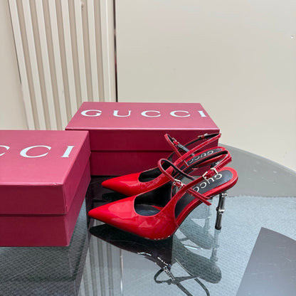 GUCCI POINTED-TOE HIGH BAMBOO-EFFECT HEEL SLINGBACK IN RED PATENT CALFSKIN