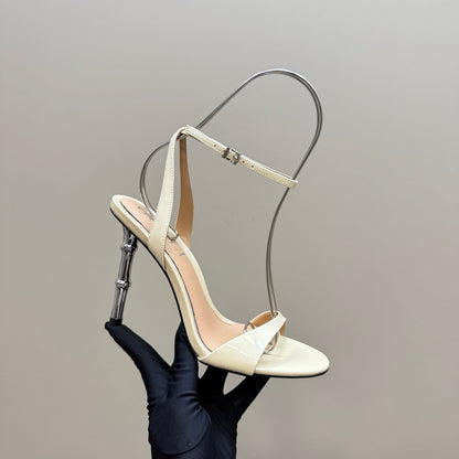 GUCCI STRAP HIGH BAMBOO-EFFECT HEEL SANDAL IN CREAM PATENT CALFSKIN