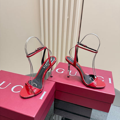 GUCCI STRAP HIGH BAMBOO-EFFECT HEEL SANDAL IN RED PATENT CALFSKIN
