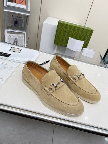 GUCCI LOAFERS WITH SILVER HARDWARE IN BEIGE SUEDE