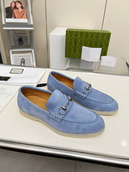 GUCCI LOAFERS WITH SILVER HARDWARE IN CORNFLOWER BLUE SUEDE