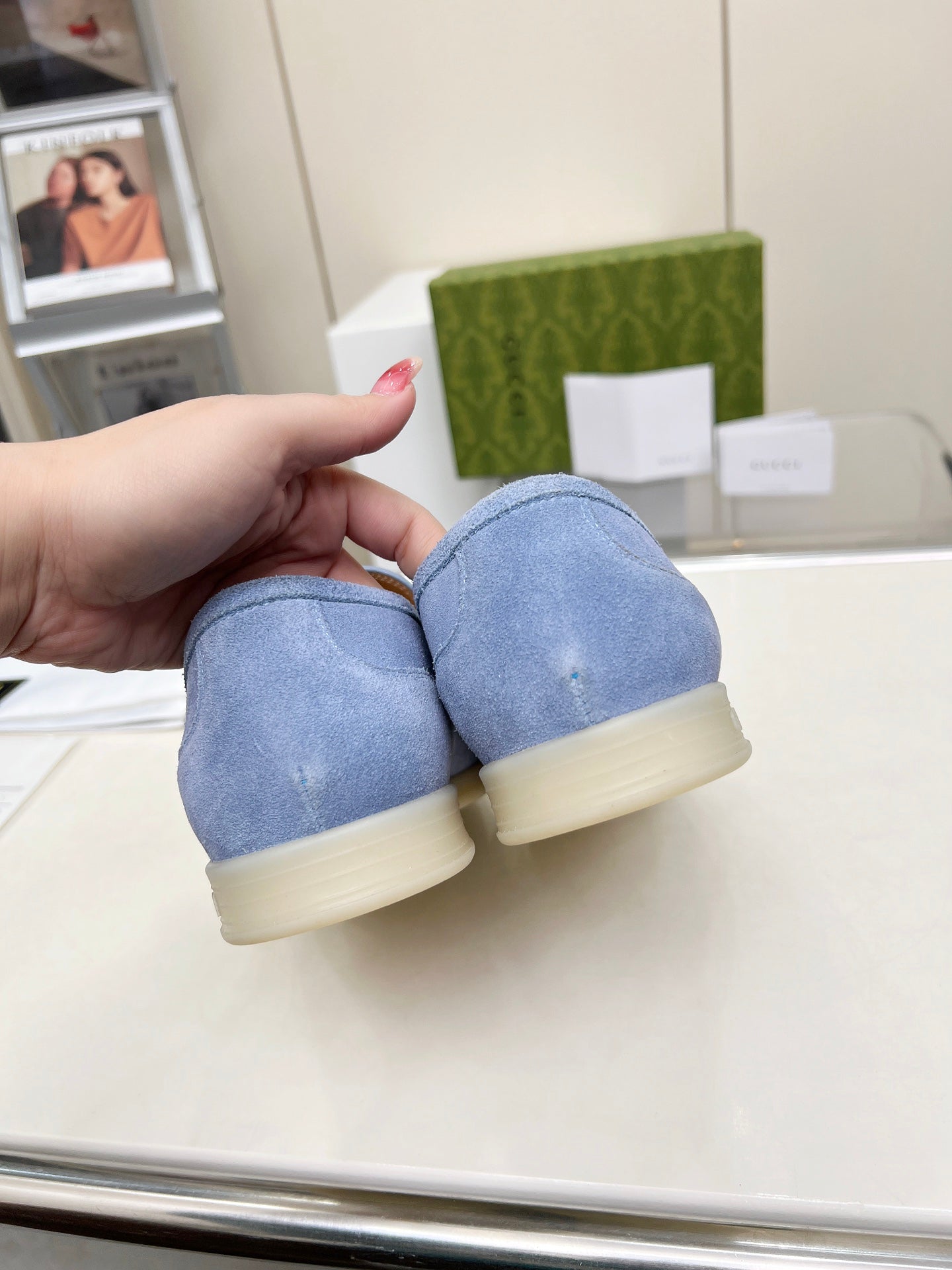 GUCCI LOAFERS WITH SILVER HARDWARE IN CORNFLOWER BLUE SUEDE