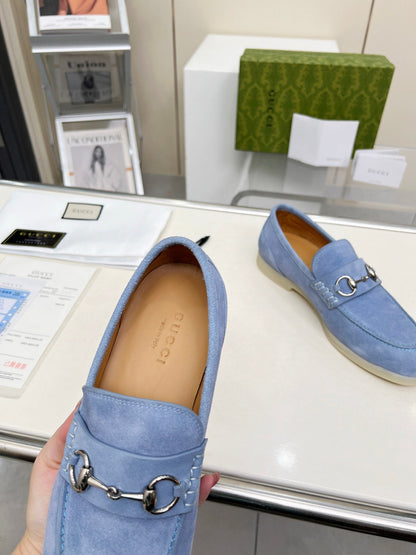 GUCCI LOAFERS WITH SILVER HARDWARE IN CORNFLOWER BLUE SUEDE