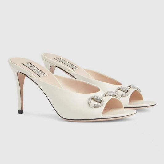 GUCCI Women's Horsebit mid-heel slide sandal in White