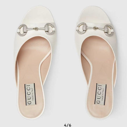 GUCCI Women's Horsebit mid-heel slide sandal in White