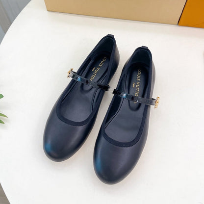 LOUIS VUITTON LV WOMEN ROMY FLAT BALLERINA IN BLACK METALLIC LAMBSKIN