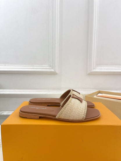 LOUIS VUITTON LV WOMEN CAPRI FLAT MULES IN CHOCOLATE BROWN LEATHER AND RAFFIA