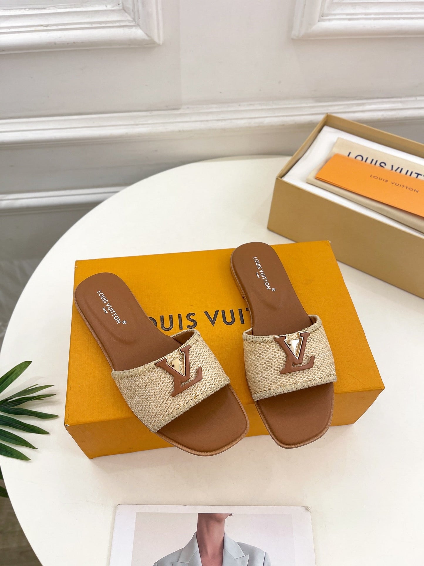LOUIS VUITTON LV WOMEN CAPRI FLAT MULES IN CHOCOLATE BROWN LEATHER AND RAFFIA