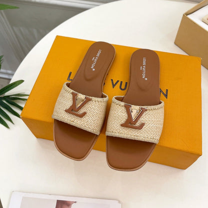 LOUIS VUITTON LV WOMEN CAPRI FLAT MULES IN CHOCOLATE BROWN LEATHER AND RAFFIA