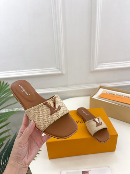 LOUIS VUITTON LV WOMEN CAPRI FLAT MULES IN CHOCOLATE BROWN LEATHER AND RAFFIA