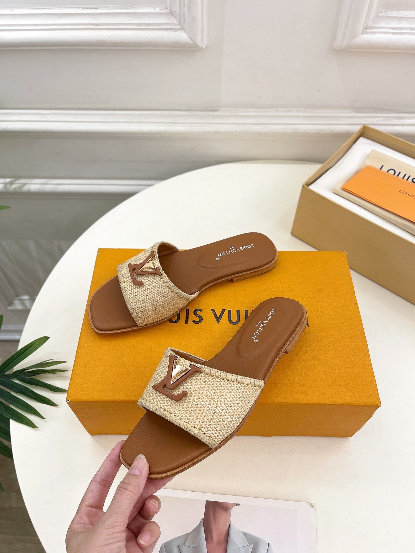 LOUIS VUITTON LV WOMEN CAPRI FLAT MULES IN CHOCOLATE BROWN LEATHER AND RAFFIA