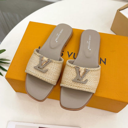 LOUIS VUITTON LV WOMEN CAPRI FLAT MULES IN TAN BROWN LEATHER AND RAFFIA