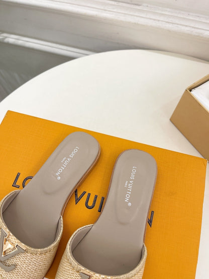 LOUIS VUITTON LV WOMEN CAPRI FLAT MULES IN TAN BROWN LEATHER AND RAFFIA