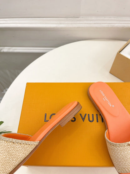 LOUIS VUITTON LV WOMEN CAPRI FLAT MULES IN TIGER ORANGE LEATHER AND RAFFIA