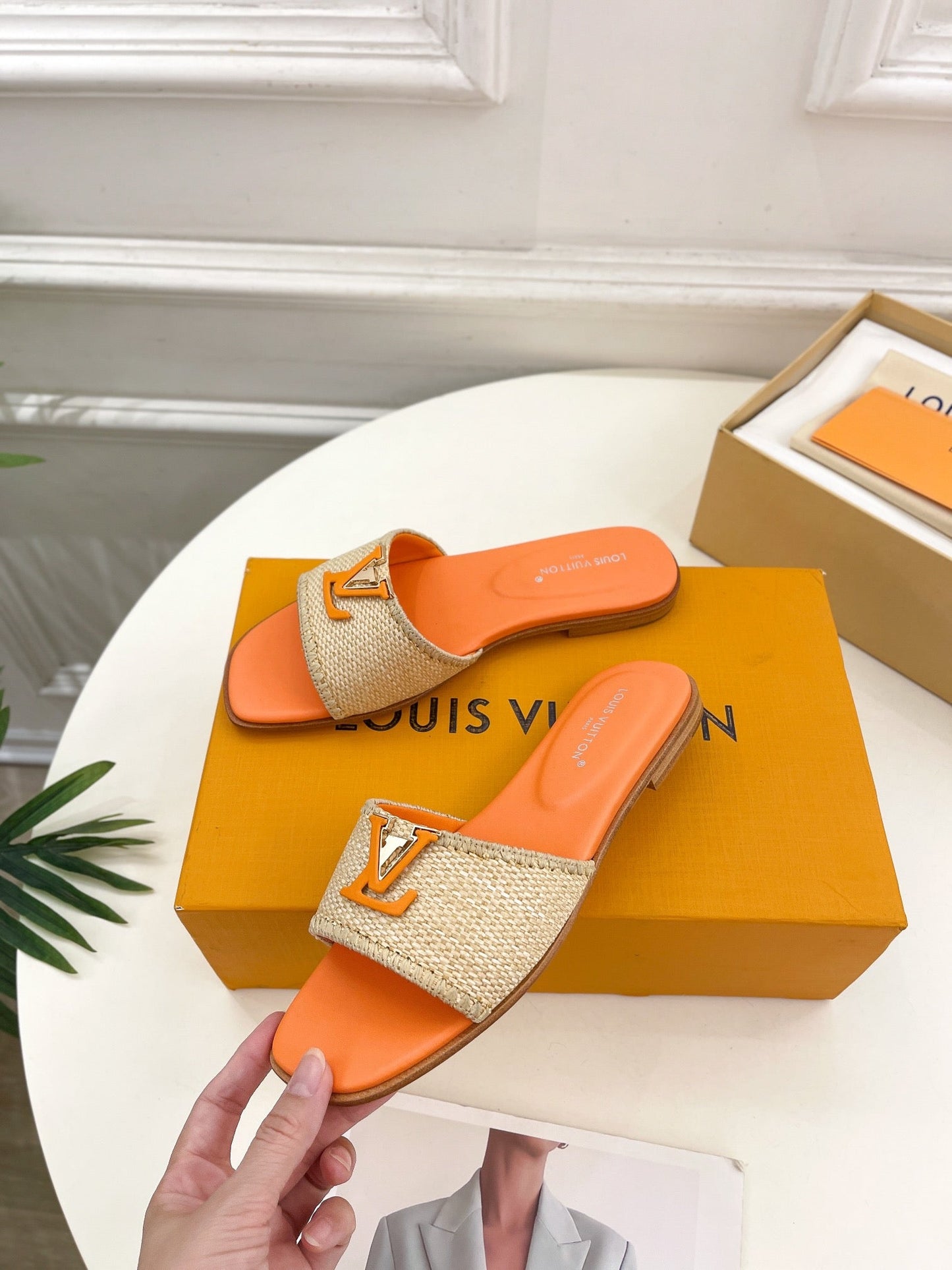 LOUIS VUITTON LV WOMEN CAPRI FLAT MULES IN TIGER ORANGE LEATHER AND RAFFIA
