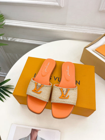 LOUIS VUITTON LV WOMEN CAPRI FLAT MULES IN TIGER ORANGE LEATHER AND RAFFIA