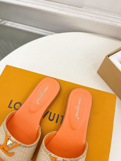 LOUIS VUITTON LV WOMEN CAPRI FLAT MULES IN TIGER ORANGE LEATHER AND RAFFIA