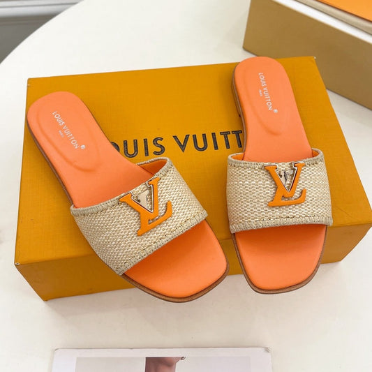 LOUIS VUITTON LV WOMEN CAPRI FLAT MULES IN TIGER ORANGE LEATHER AND RAFFIA