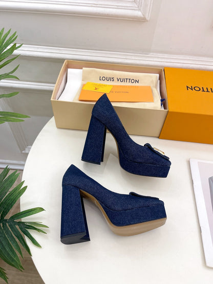 LOUIS VUITTON SHAKE MARY JANE HIGH HEEL 12 CM IN CLASSIC BLUE DENIM FABRIC