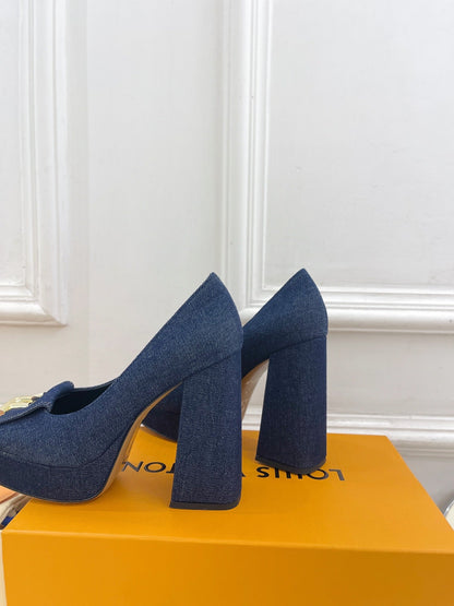 LOUIS VUITTON SHAKE MARY JANE HIGH HEEL 12 CM IN CLASSIC BLUE DENIM FABRIC