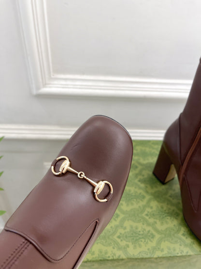 GUCCI HORSEBIT ANKLE BOOTS 9.5CM IN WALNUT BROWN SHEEPSKIN