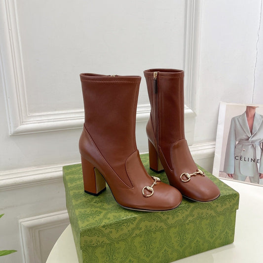 GUCCI HORSEBIT ANKLE BOOTS 9.5CM IN CINNAMON BROWN SHEEPSKIN
