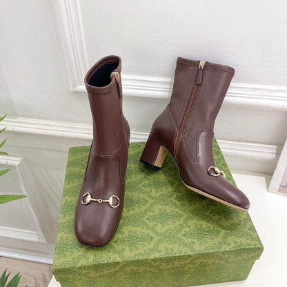 GUCCI HORSEBIT ANKLE BOOTS 6.5CM IN WALNUT BROWN SHEEPSKIN